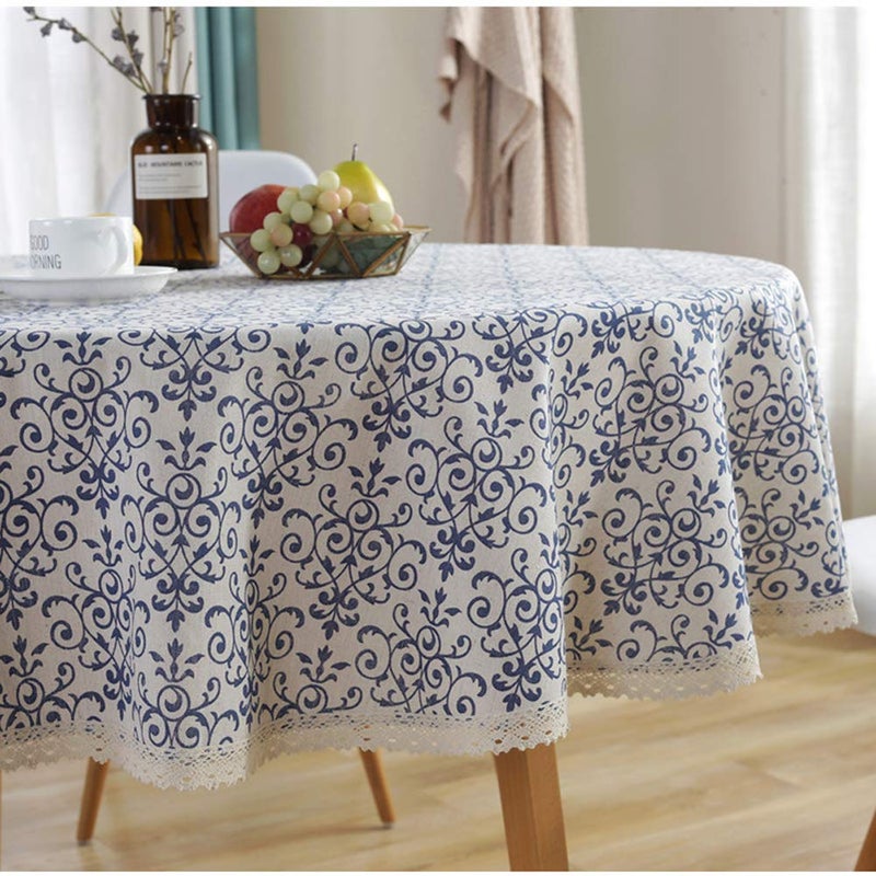 AMZALI Vintage Washable Cotton Linen Fabric Navy Damask Pattern Decorative Macrame Lace Round Tablecloth Dinner Picnic Table Cloth Home Decorative Table Top Cover (60 inch Diameter) - Image 5